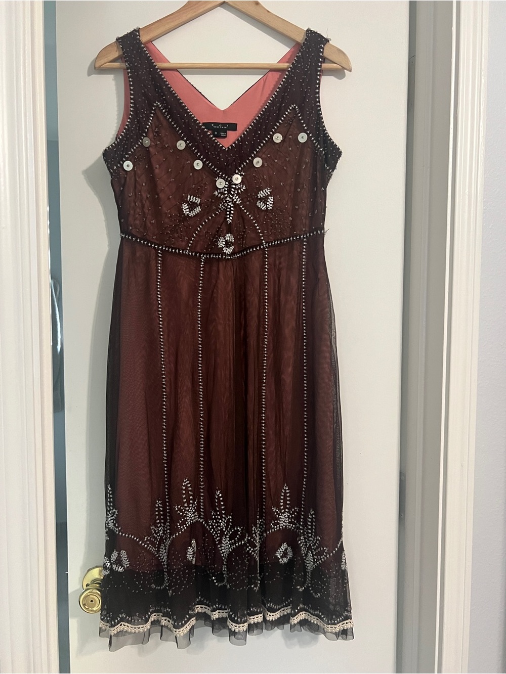 ECI New York Maroon Purple Brown Beaded Sleeveless Midi Dress w/ Pink Lining Y2K